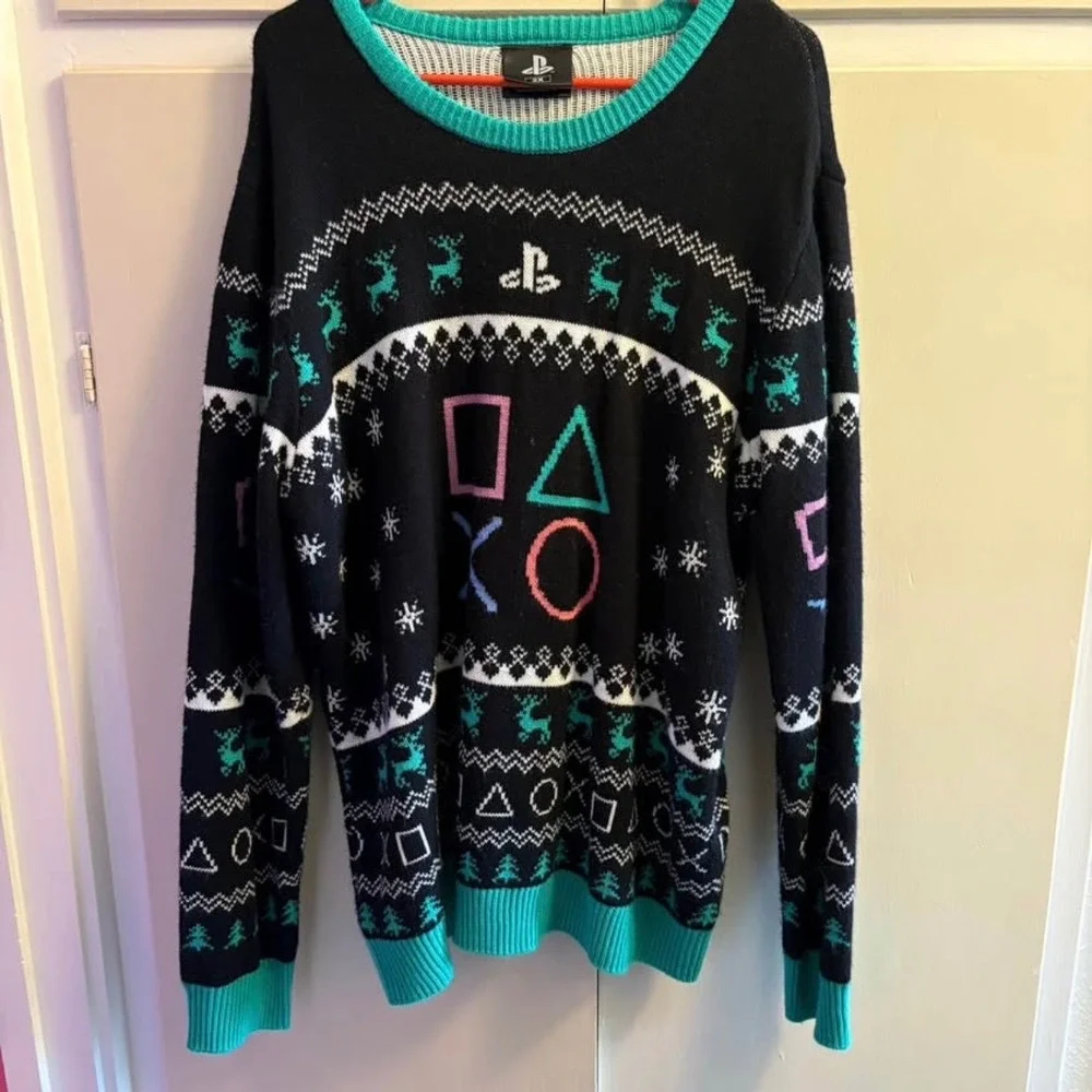 Playstation Ugly Christmas Sweater Fair Isle Controller Symbols Mens 2X Black